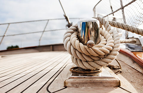 Rope and knot on the deck of a luxury sailboat