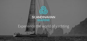Scandinavian Marine logo and sailing yacht on a beautiful place