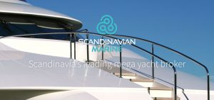 Mega yacht detail and Scandinavian Marine Brokers logo
